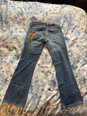 Vertigo Paris Blue Flare Jeans with Colorful Koi Embroidery